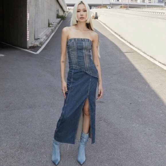 Zara Strapless Denim Dress Midi Length High Slit Rare Stretch Size Large Women's - Picture 1 of 12